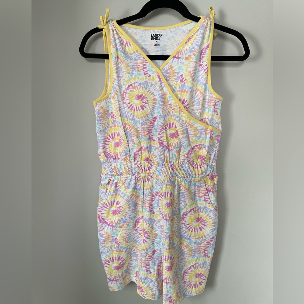 Lands End Kids Tie Dye Romper XL 14/16 Pastel Sleeveless Elastic Waist Pockets